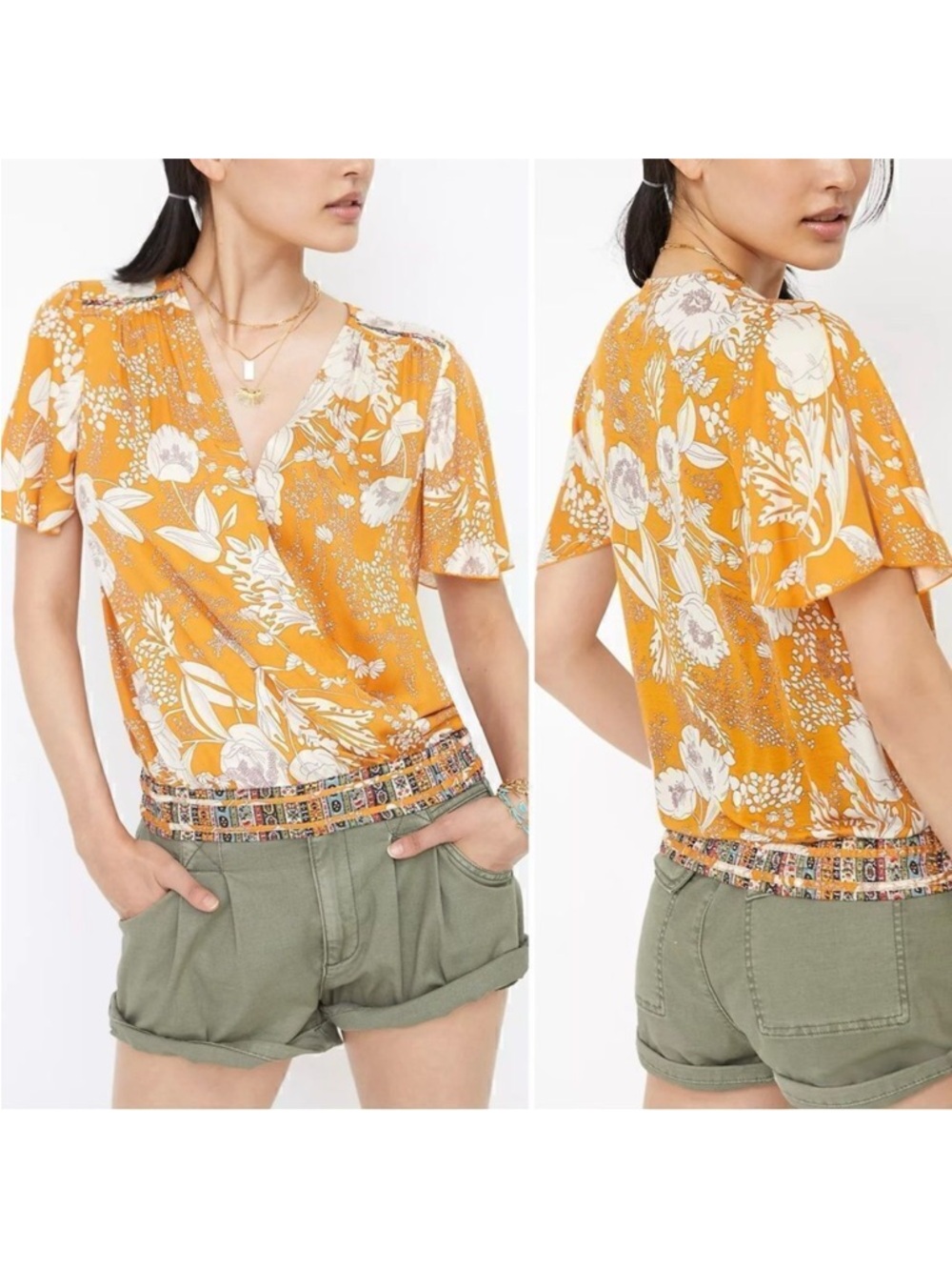 Anthropologie TINY Orange Floral V-Neck Wrap Blouse Size S
